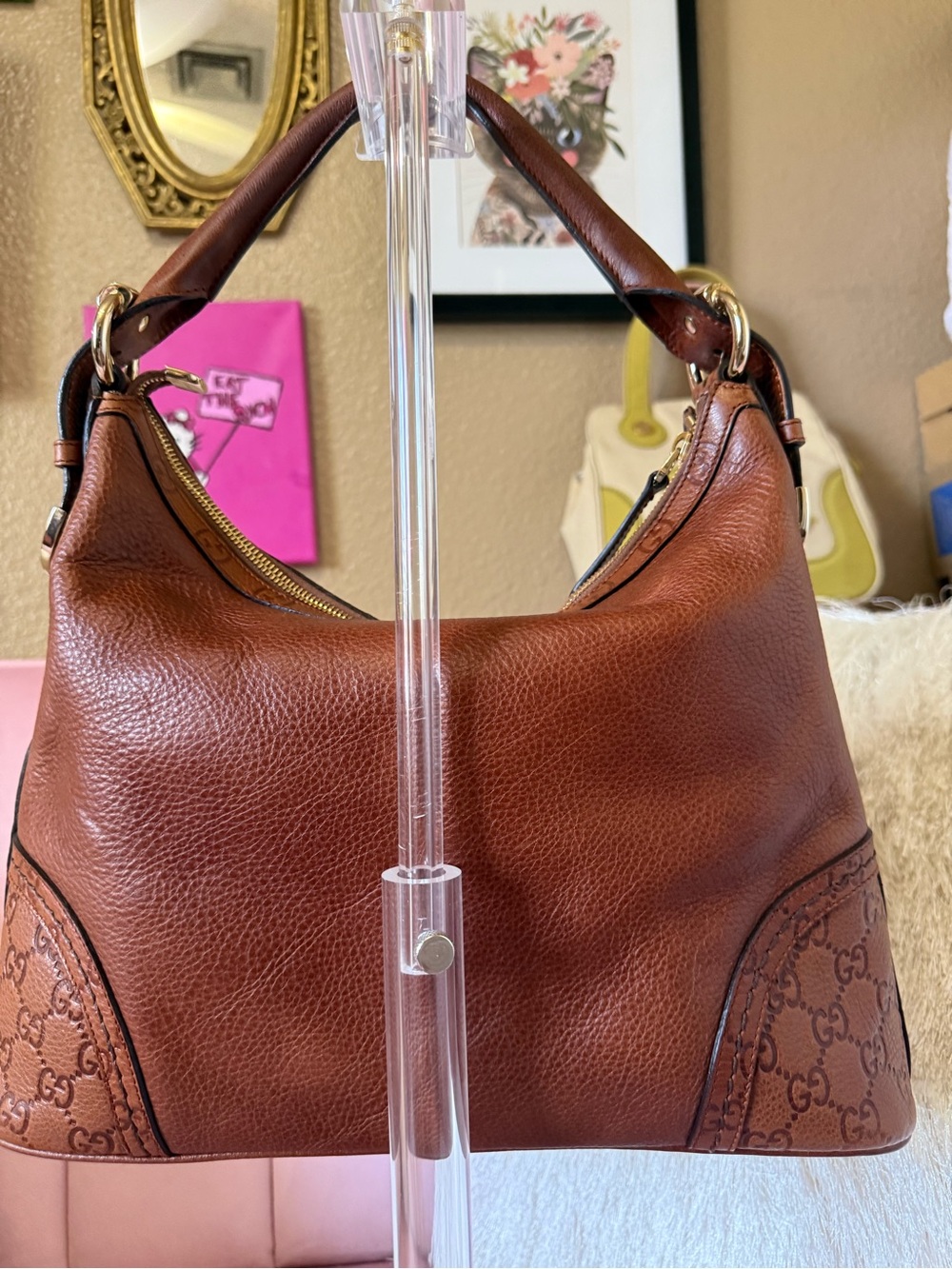 💯Auth! GUCCI Guccisimo Signoria Brown Leather Hobo Shoulder Bag w Gold Hardware - Picture 3 of 16
